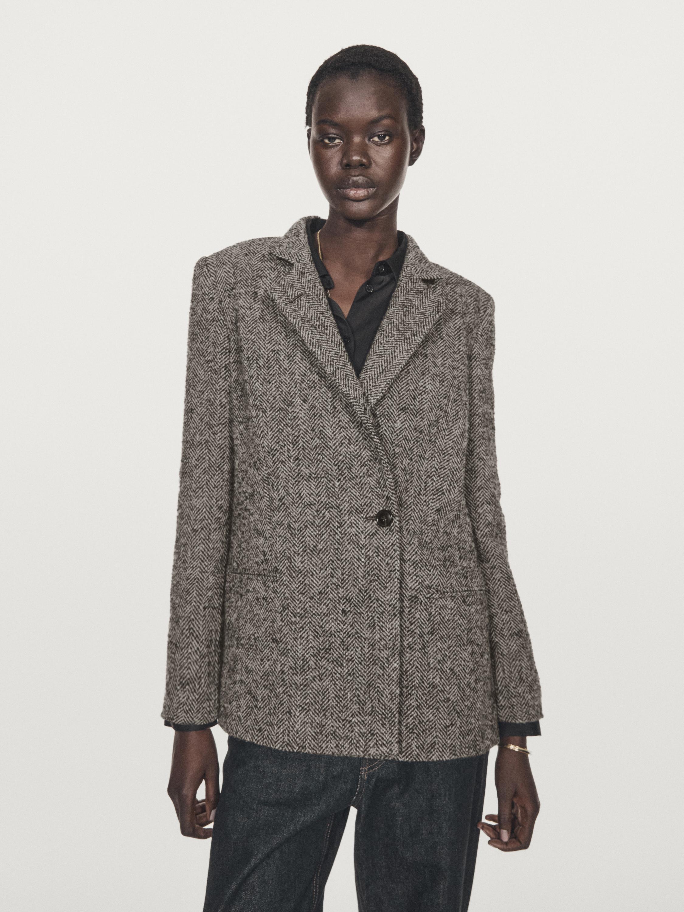 Herringbone wool blend blazer with high collar